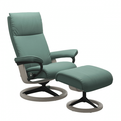 Stressless Aura Signature Chair with Footstool Aqua Green Paloma and Whitewash Wood
