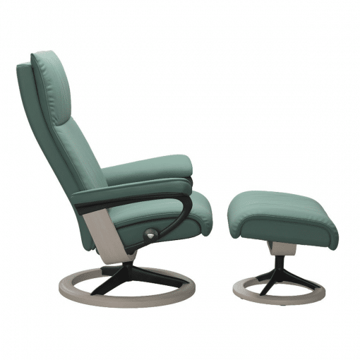 Stressless Aura Signature Chair with Footstool Aqua Green Paloma and Whitewash Wood Side