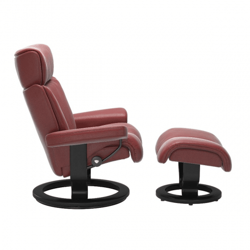 Stressless Magic Classic Chair with Footstool Cori Brick Red and Black Wood Side