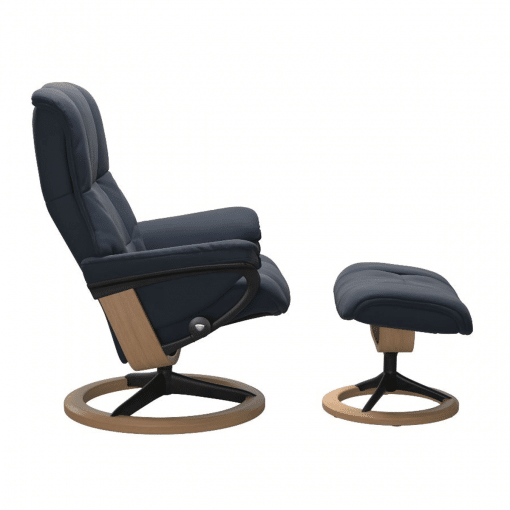 Stressless Mayfair Signature Chair with Footstool Paloma Oxford Blue and Oak Side