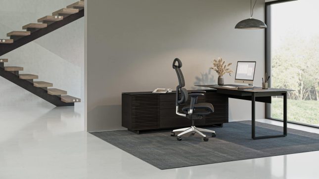 Corridor L Shaped Office Desk Liveshot in Charcoal Stained Ash