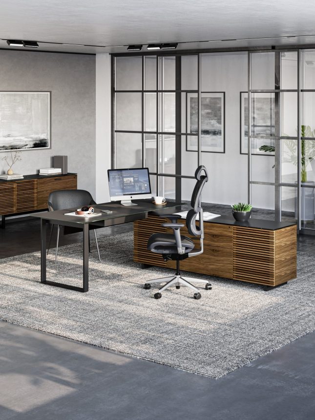 Corridor L Shaped Office Desk Liveshot in Natural Walnut
