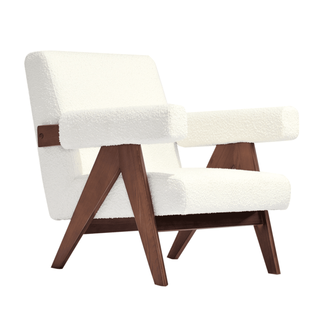 Pierre J Lounge Arm Chair Soft UPH in White Boucle Fabric and Solid Ash Walnut Frame