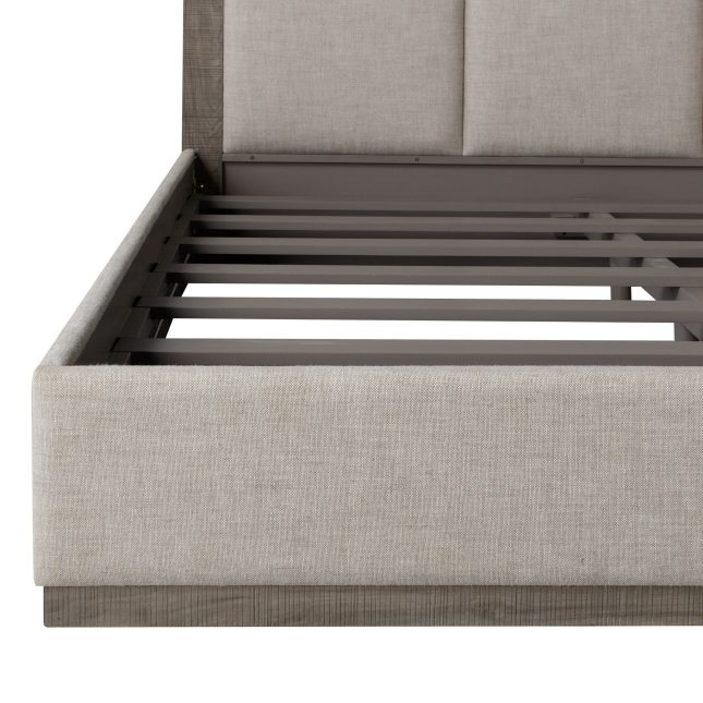 Murien Bed in Textured Linen Fabric and Grey Wood Details