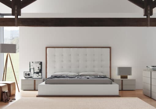 Ludlow Bed in White Eco Leather and Walnut Liveshot