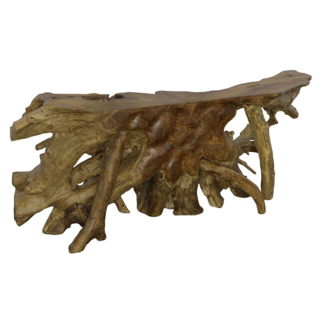 teak root console table