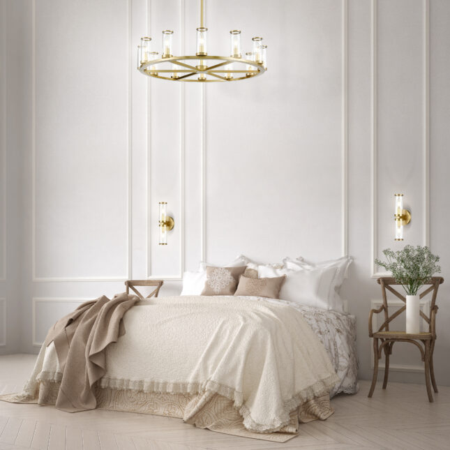 Minimalistic classic bedroom, white interior design