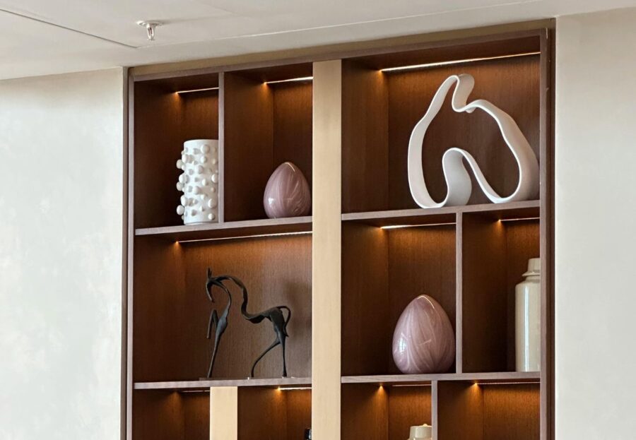 modern living room shelving layout