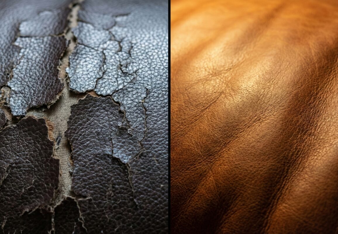 Cracked bonded leather vs durable real leather texture.