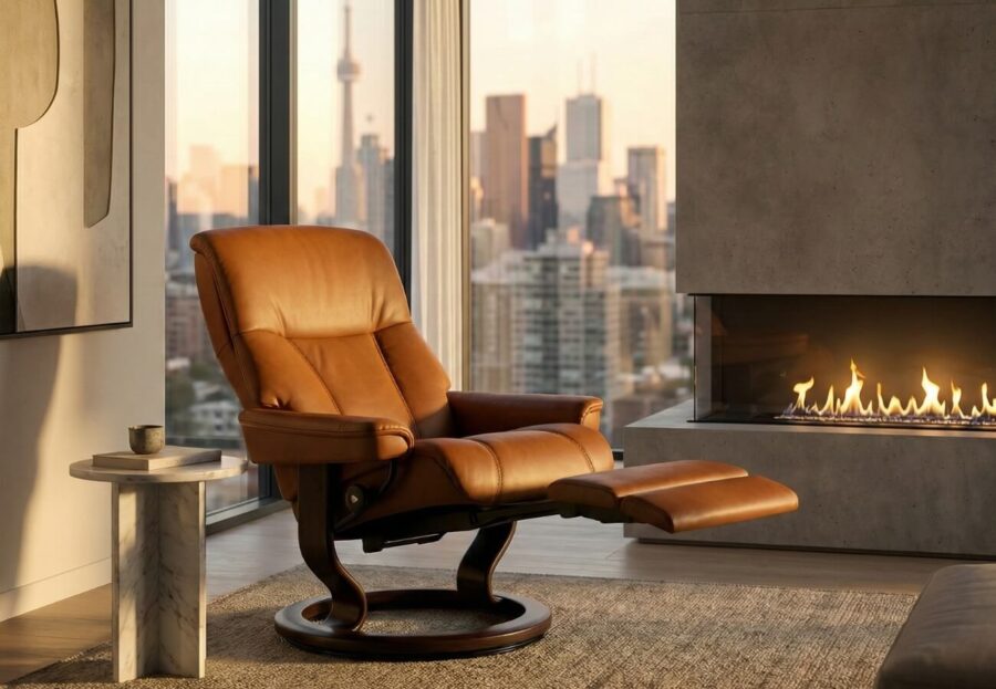 Modern cognac leather motion chair styled in a luxury Toronto condo with a view of the CN Tower and city skyline.