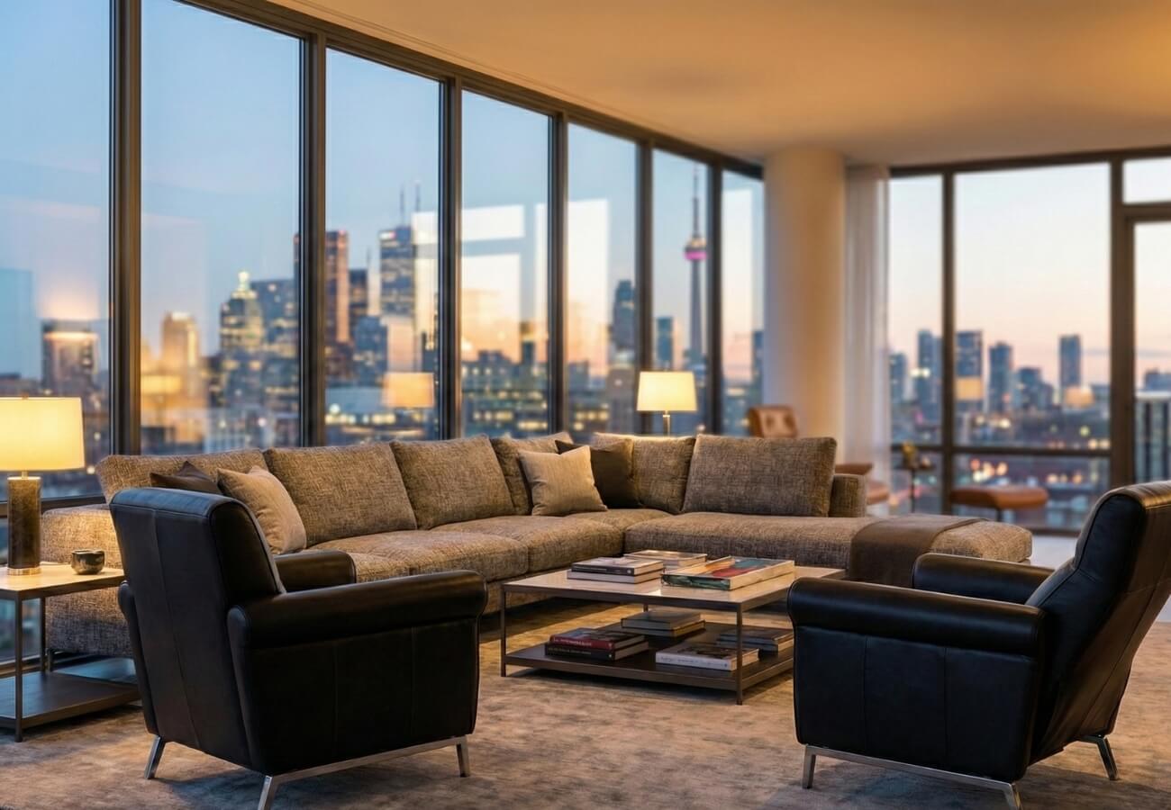 Two sleek black leather motion chairs placed opposite a grey sectional sofa to create a conversation circle in a modern open-concept living room.