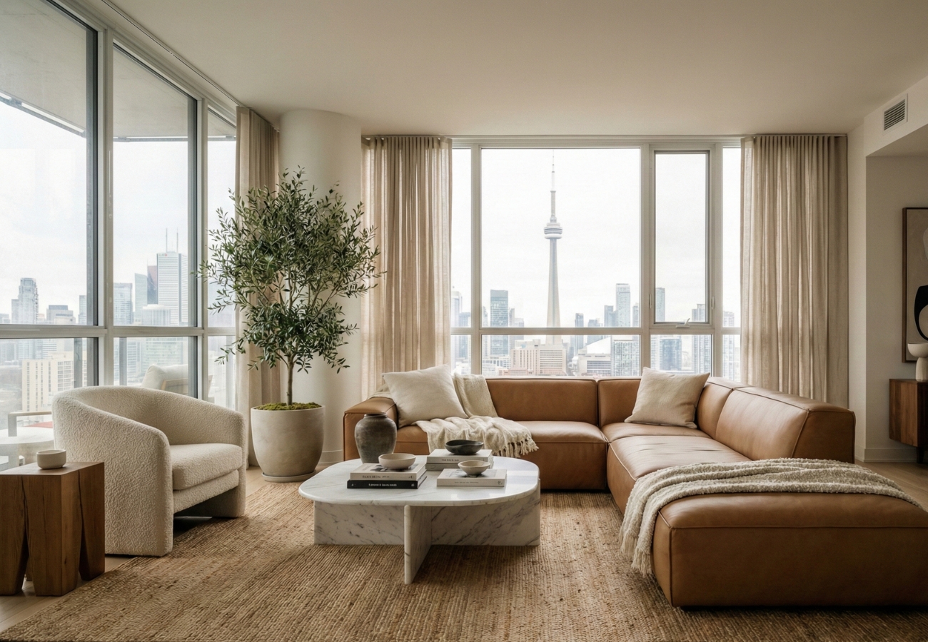 Modern cognac leather sectional sofa in a Toronto condo.