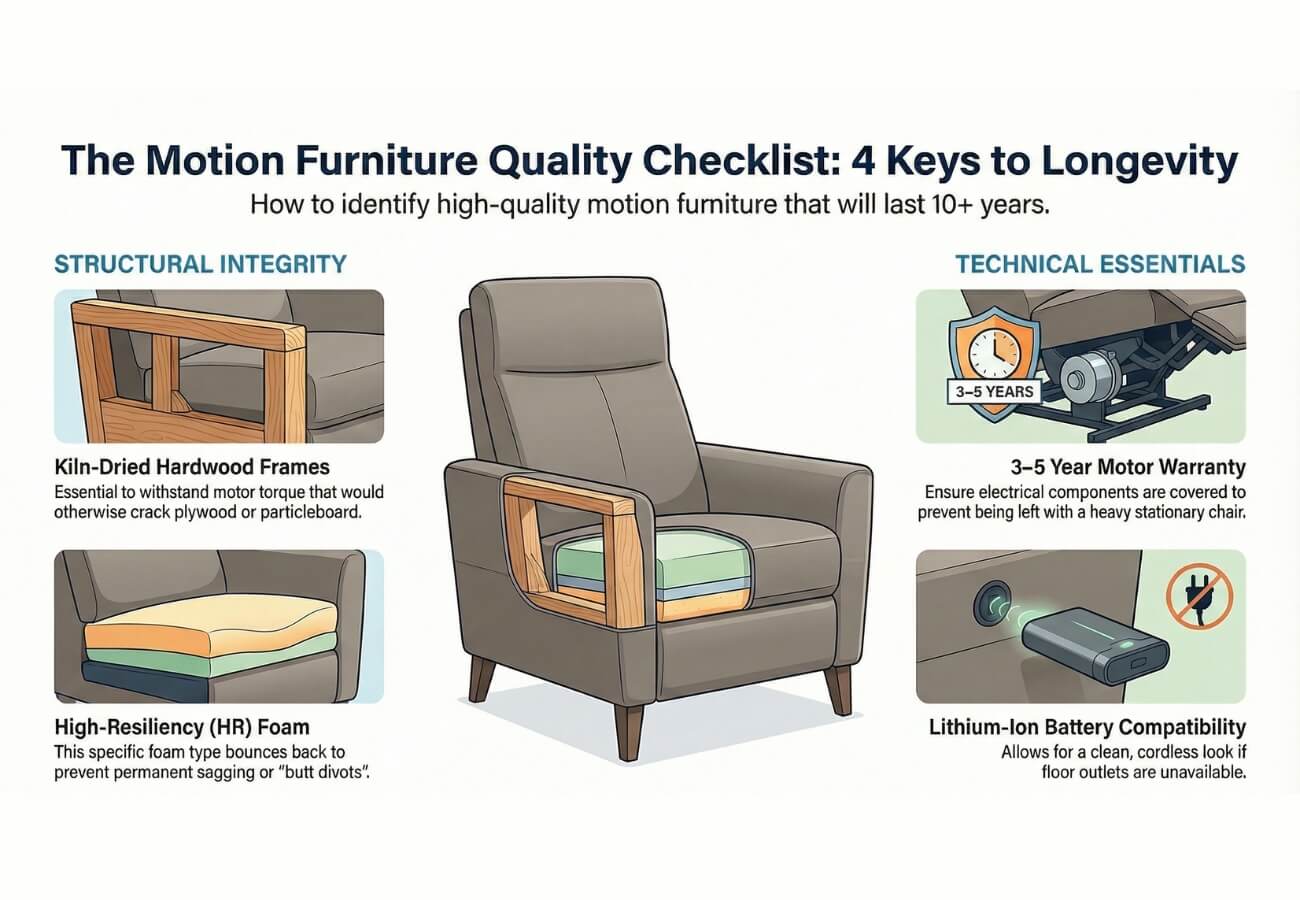 Infographic showing 4 keys to high-quality motion furniture: kiln-dried hardwood frames, high-resiliency foam, motor warranty, and lithium-ion battery compatibility.