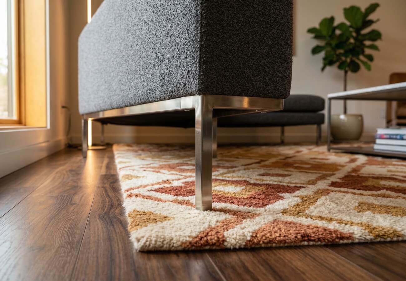 The front legs of high end sectional furniture properly placed on a large, textured area rug.