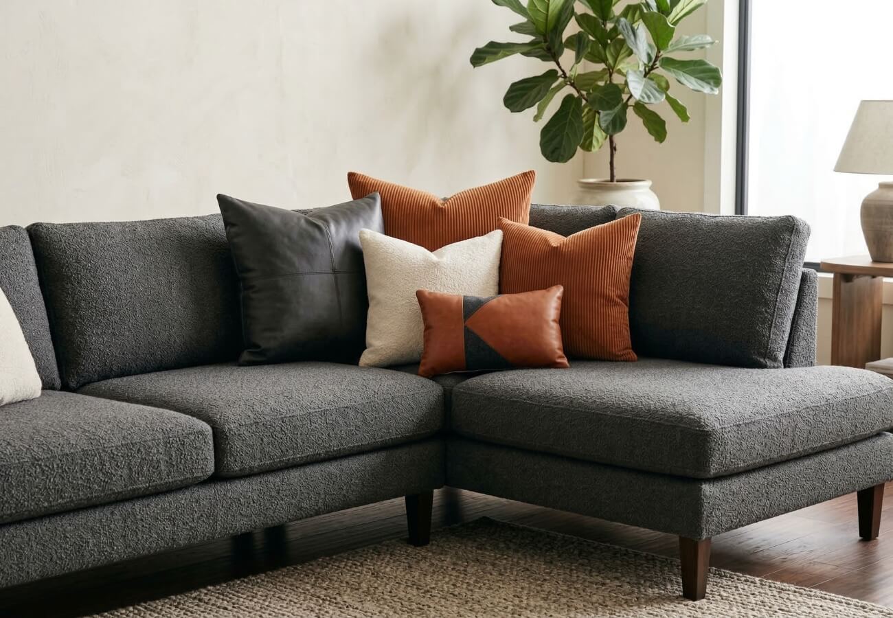 Layered throw pillows featuring mixed textures perfectly styled on a luxury corner couch.