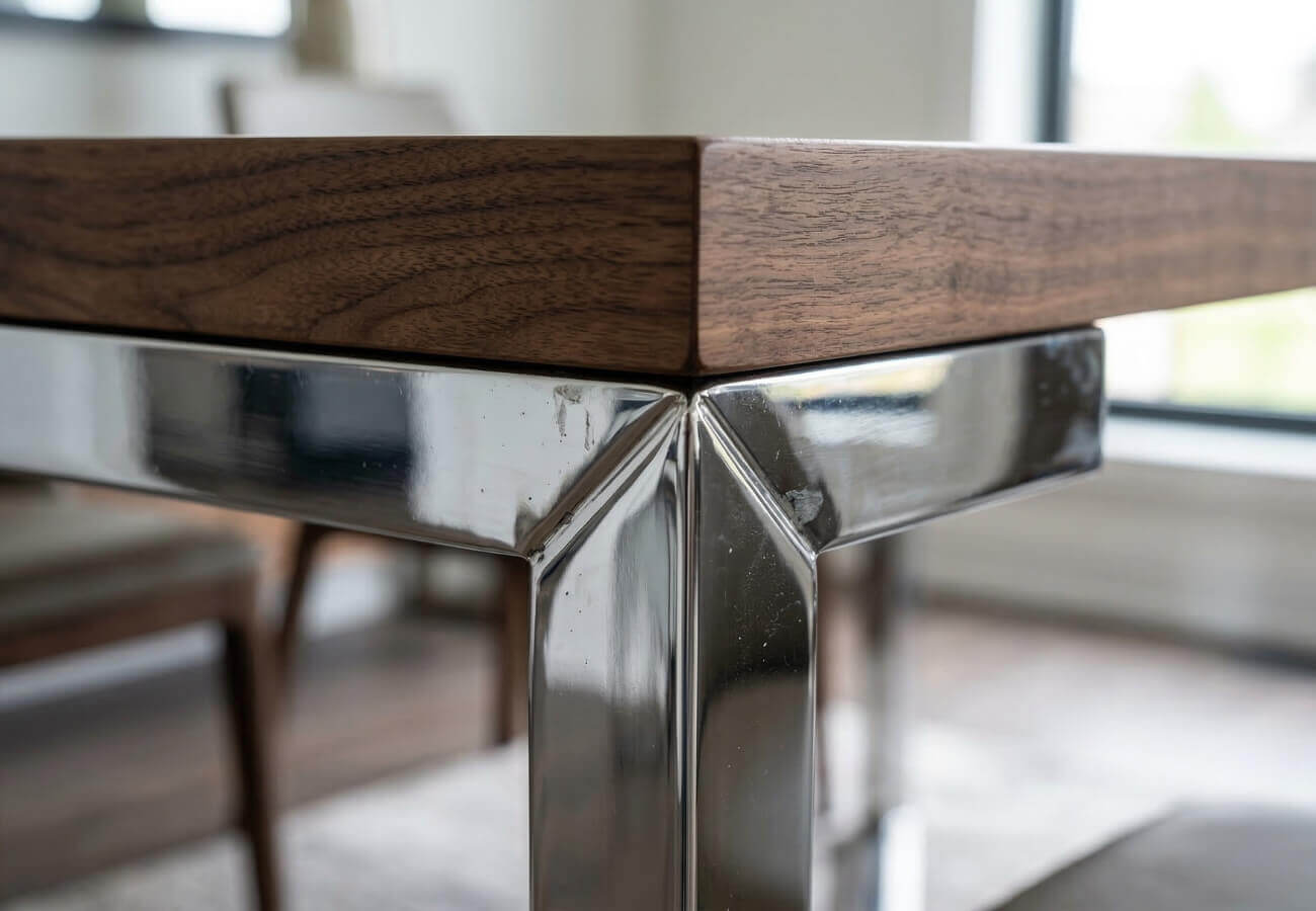 luxury dining room decor showing the contrast between warm walnut wood and cool polished chrome.
