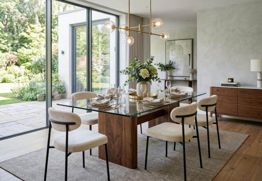 A luxurious dining room featuring modern dining room furniture made from mixed wood, glass, and metal materials.