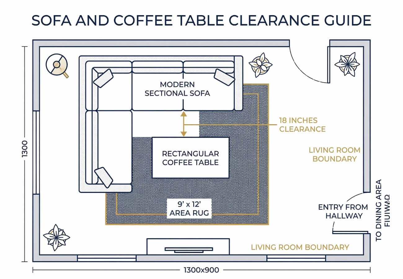 the correct spatial clearances and rug sizing for a modern sectional sofa.