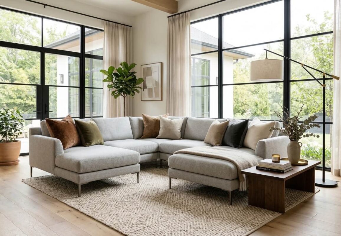 A beautifully styled modern sectional sofa in a luxury living room featuring neutral throw pillows and a large area rug.