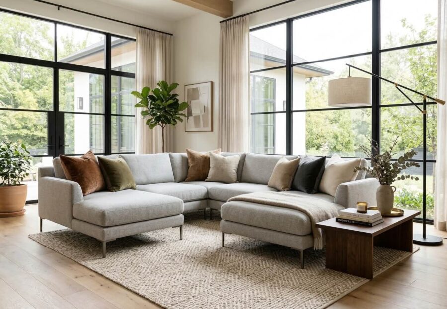 A beautifully styled modern sectional sofa in a luxury living room featuring neutral throw pillows and a large area rug.