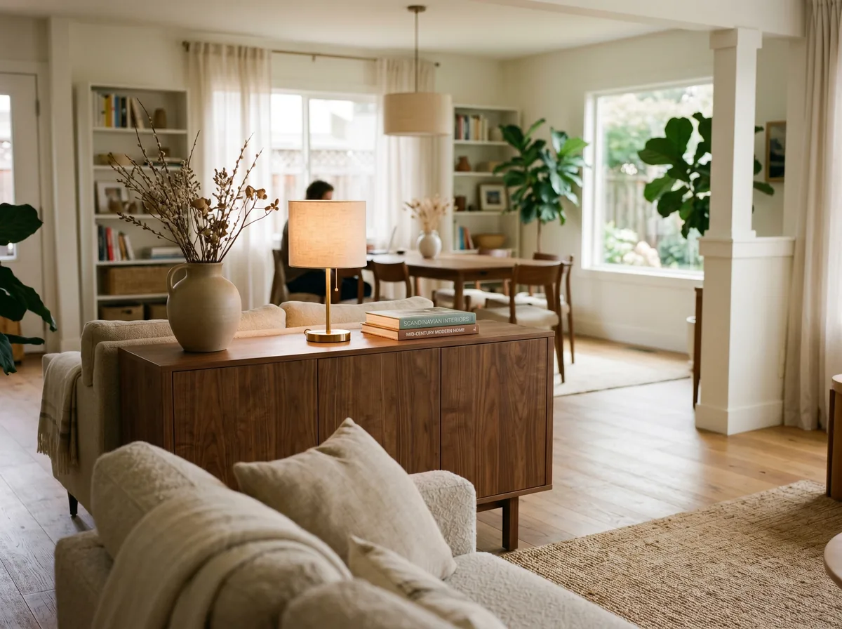 Walnut credenza used as a low divider between living and dining zones in an open concept room with styling on top
