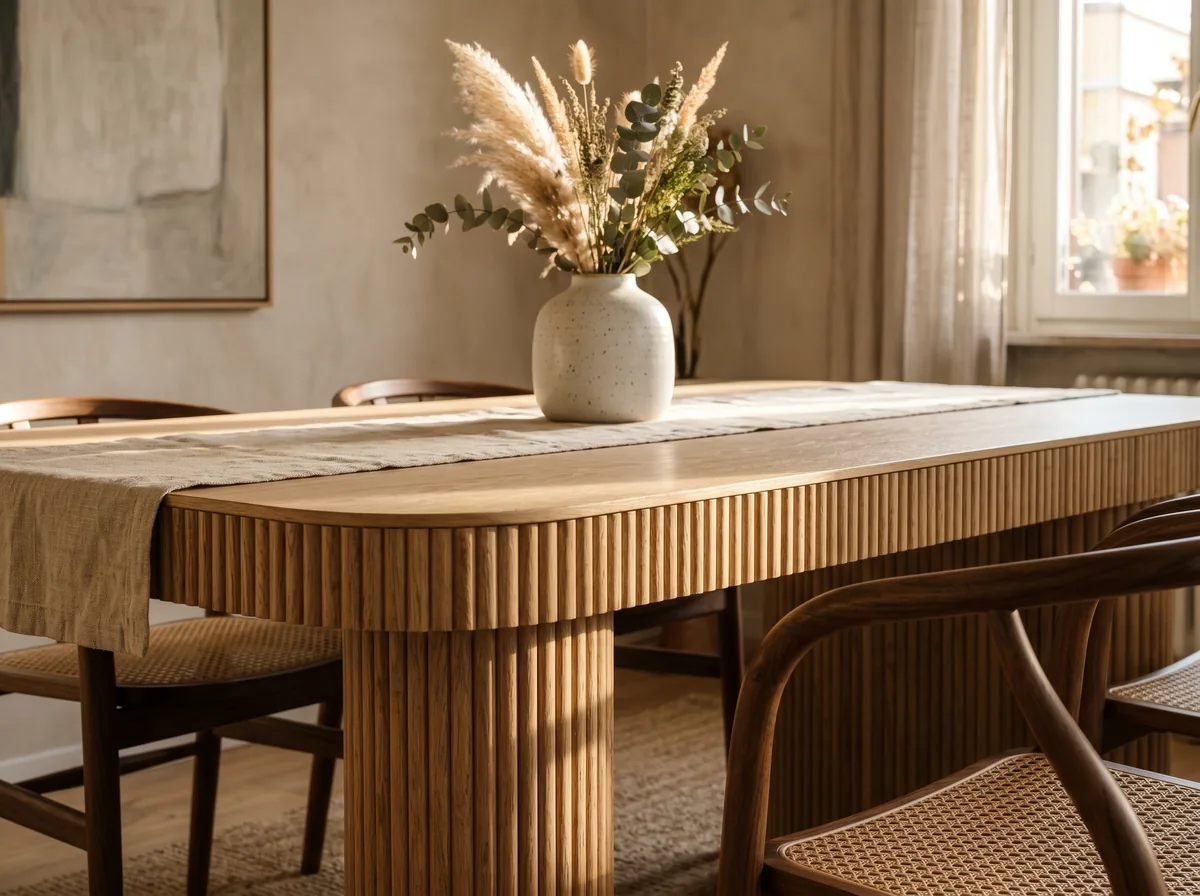 Close up of a fluted white oak modern dining table in soft matte finish with light catching the vertical reeds