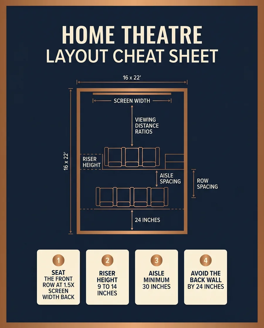 Home theatre layout infographic showing top down view of a 16 by 22 foot room with two rows of seating and dimension callouts