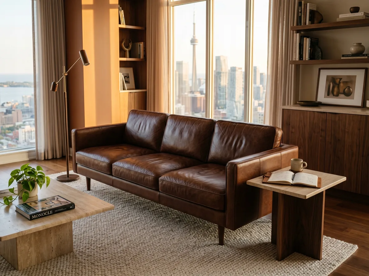 A well kept top grain leather sofa in a modern Toronto condo living room with a notebook of cost calculations on a side table