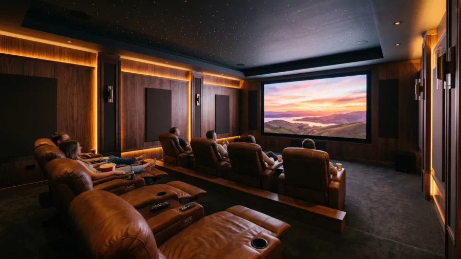 Luxury home theatre with two rows of stressless leather recliners on a riser facing a large projector screen with starlight ceiling