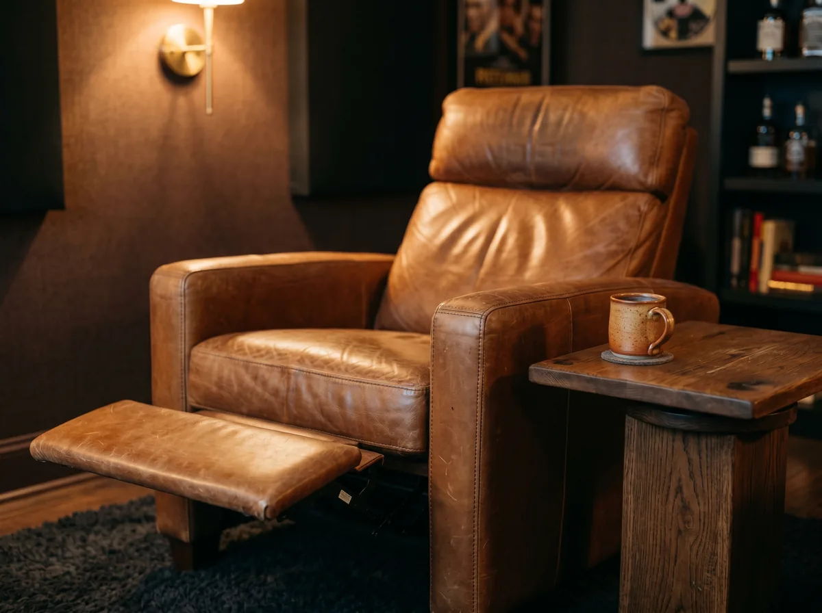 Premium leather theatre recliner in cognac with footrest extended and a wood side table holding a ceramic mug