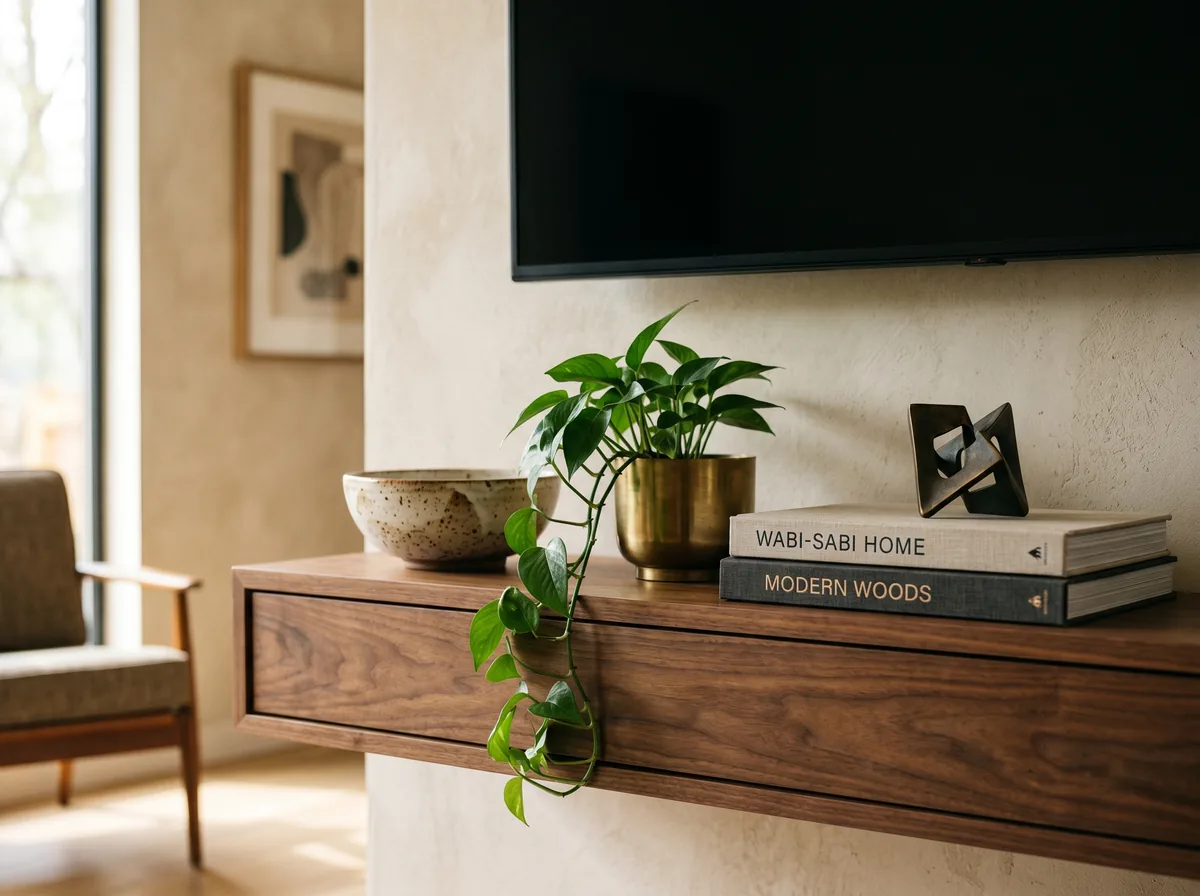 Walnut media console styled with a ceramic bowl, brass planter, and design books beneath a switched off TV