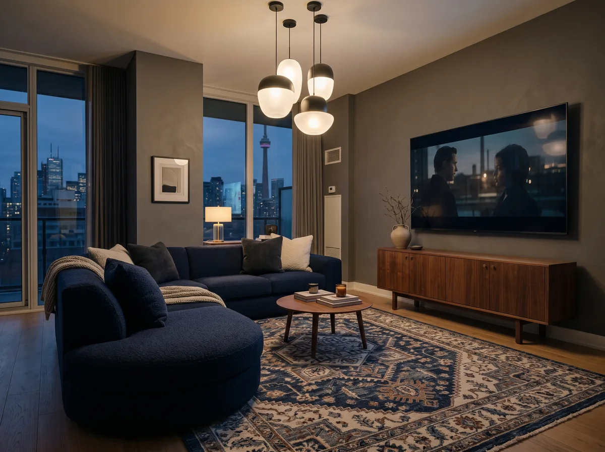 A modern media room with a deep curved navy boucle sectional facing a wall mounted screen with soft pendant lighting