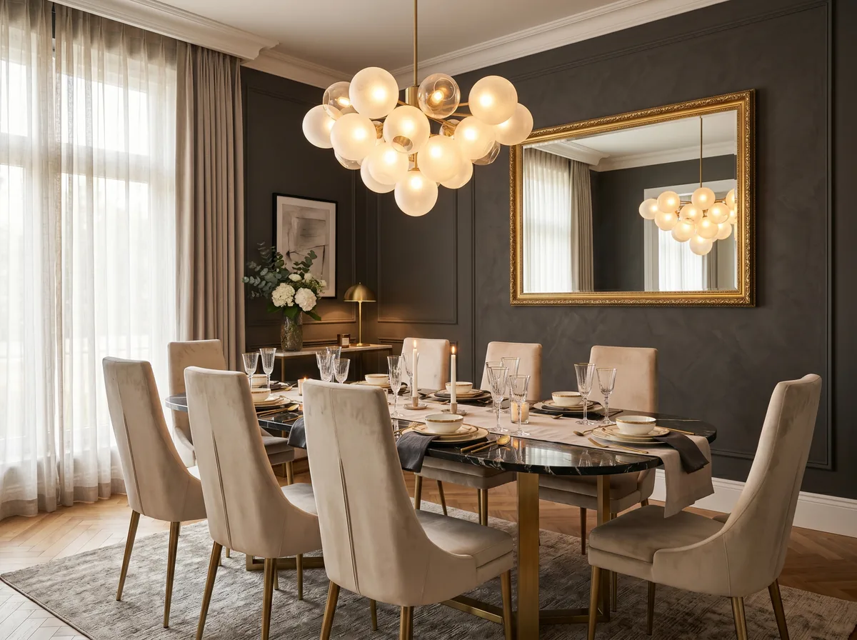 Modern glam dining room with a black marble oval table on a brass base surrounded by champagne velvet dining chairs under a cluster chandelier