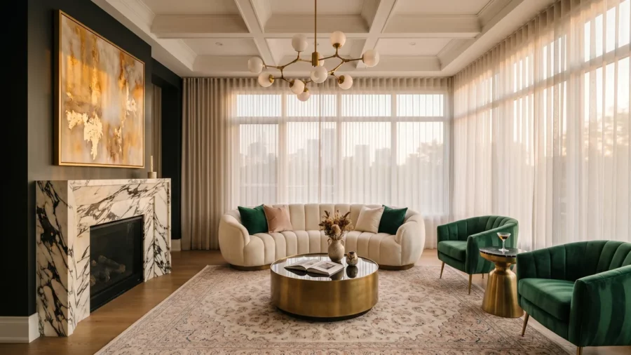 Modern glam Toronto living room with a curved cream velvet sofa, brass coffee table, marble fireplace, and a sculptural chandelier