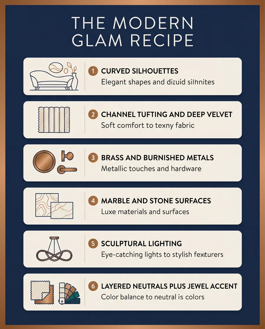 Modern glam interior design infographic showing six elements: curved silhouettes, channel tufting velvet, brass metals, marble surfaces, sculptural lighting, and layered neutrals with jewel accents