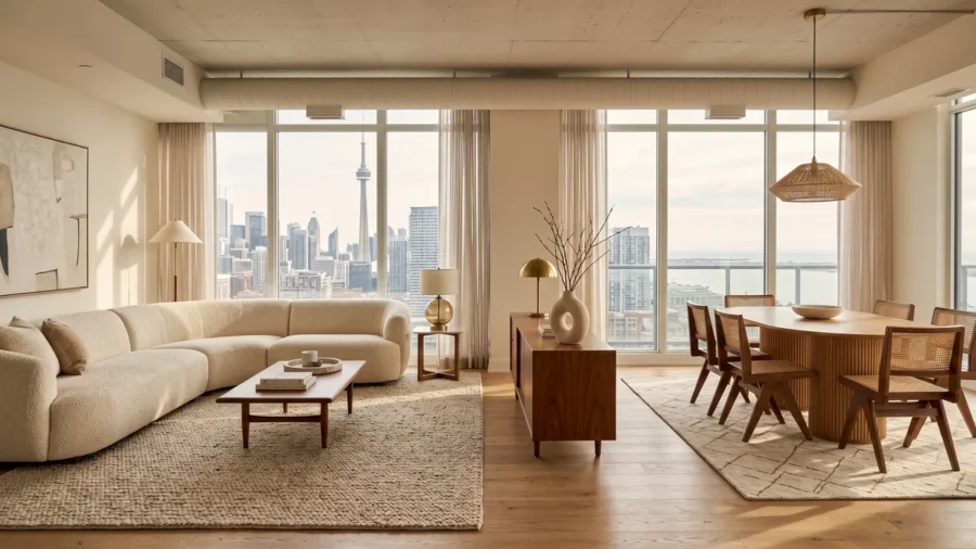 Open concept Toronto condo living and dining room with two distinct zones defined by area rugs and a curved sectional