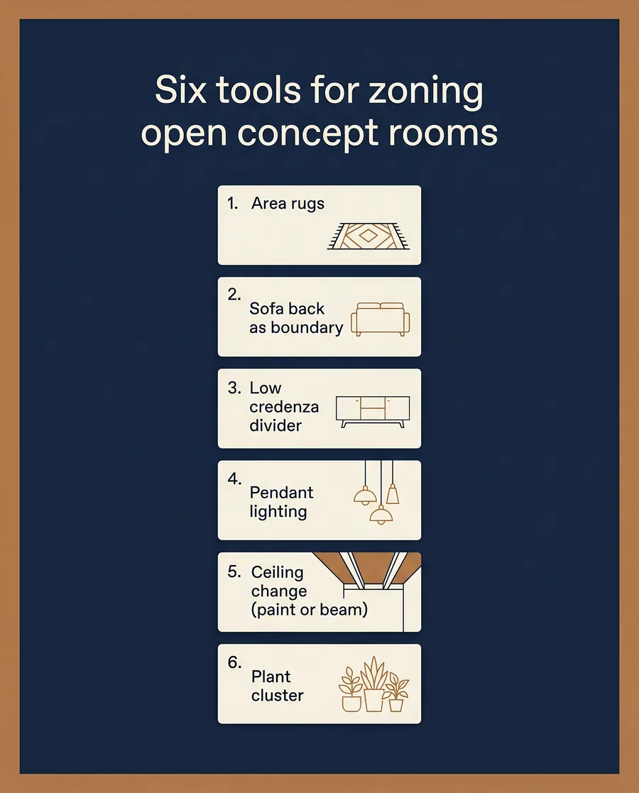Six tools for zoning open concept rooms infographic listing rugs, sofa back, credenza, pendant lighting, ceiling change, and plants