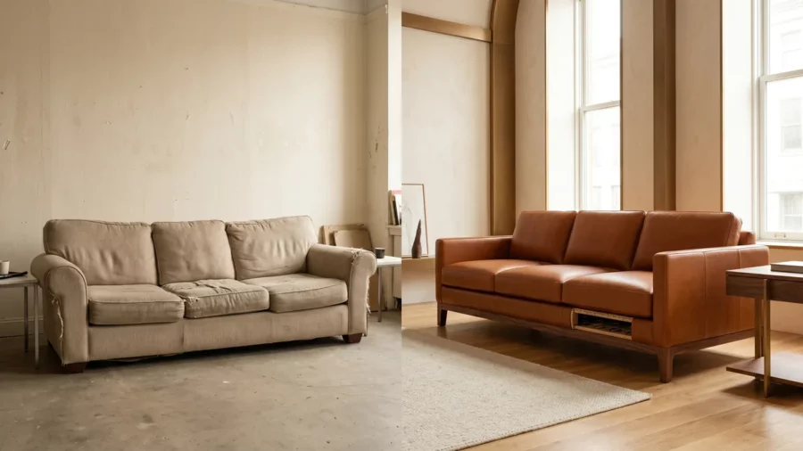 Side by side comparison of a worn budget sofa next to a sturdy hardwood frame Italian leather sofa in a luxury showroom
