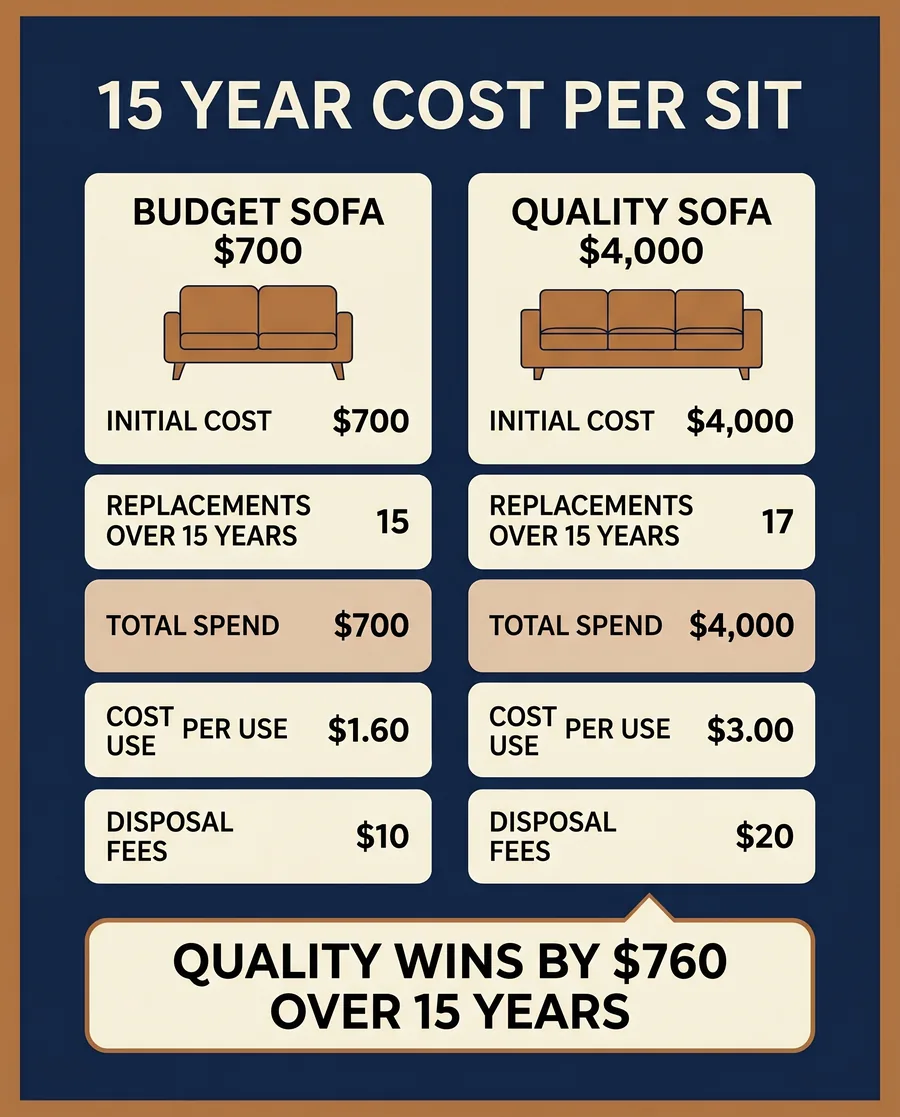 Infographic comparing a 700 dollar budget sofa to a 4000 dollar quality sofa over 15 years showing total spend and cost per use