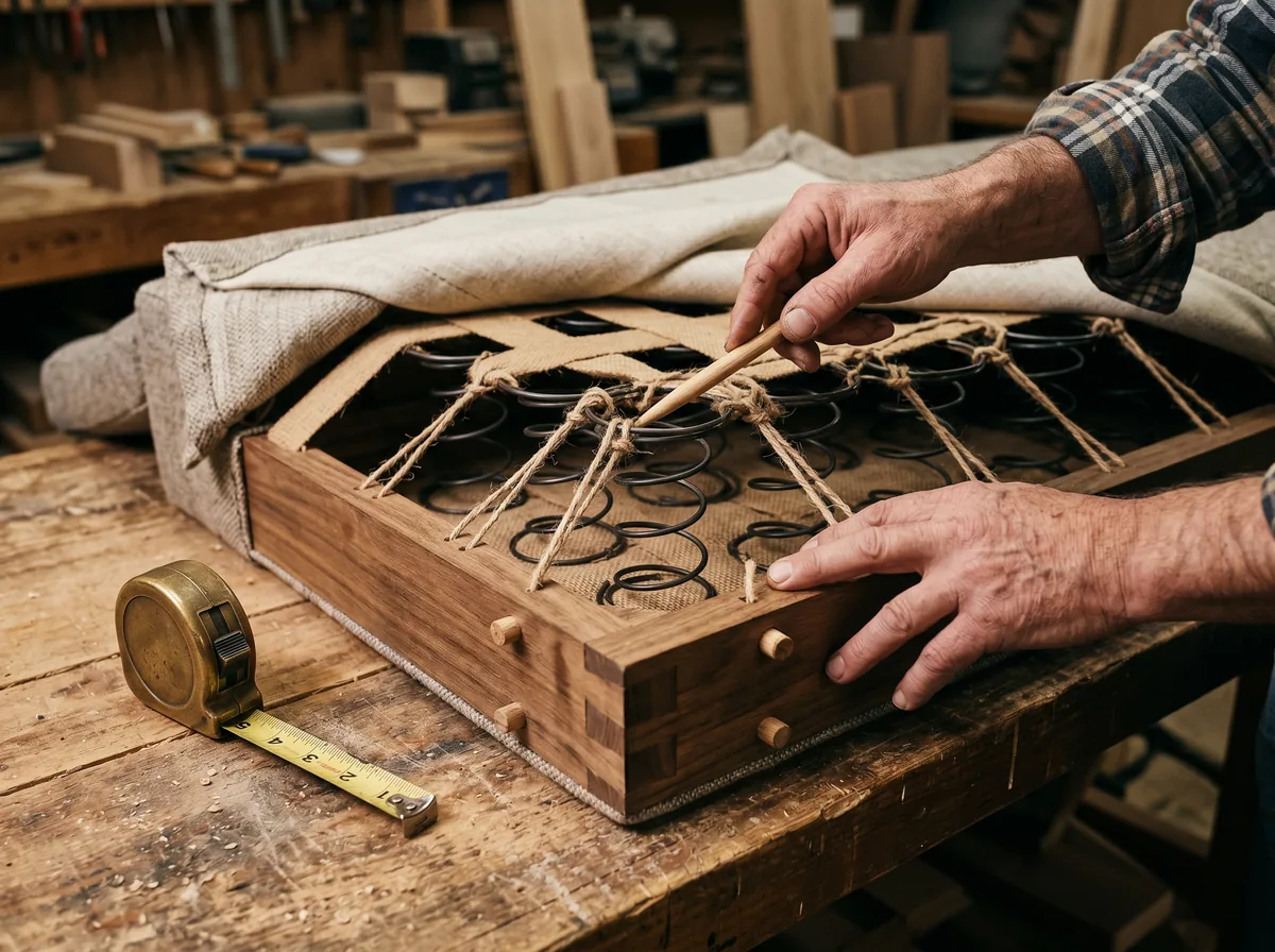 Underside view of a quality sofa frame showing eight way hand tied springs, hardwood frame, and dovetail joints