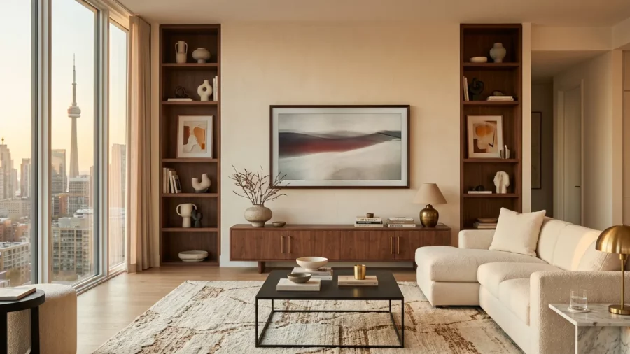 Modern living room with TV integrated above a low walnut media console flanked by art and bookshelves