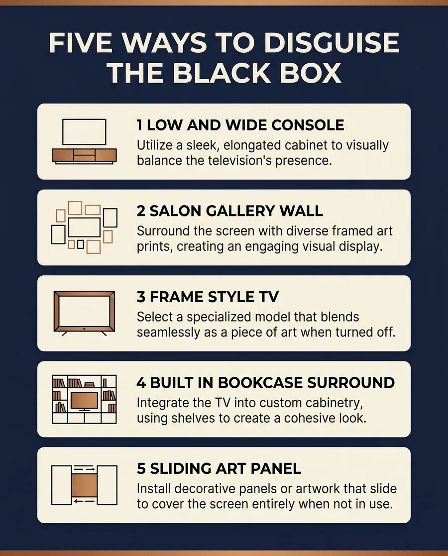 Five ways to disguise a TV in a living room infographic listing console, gallery wall, frame TV, built ins, sliding panel