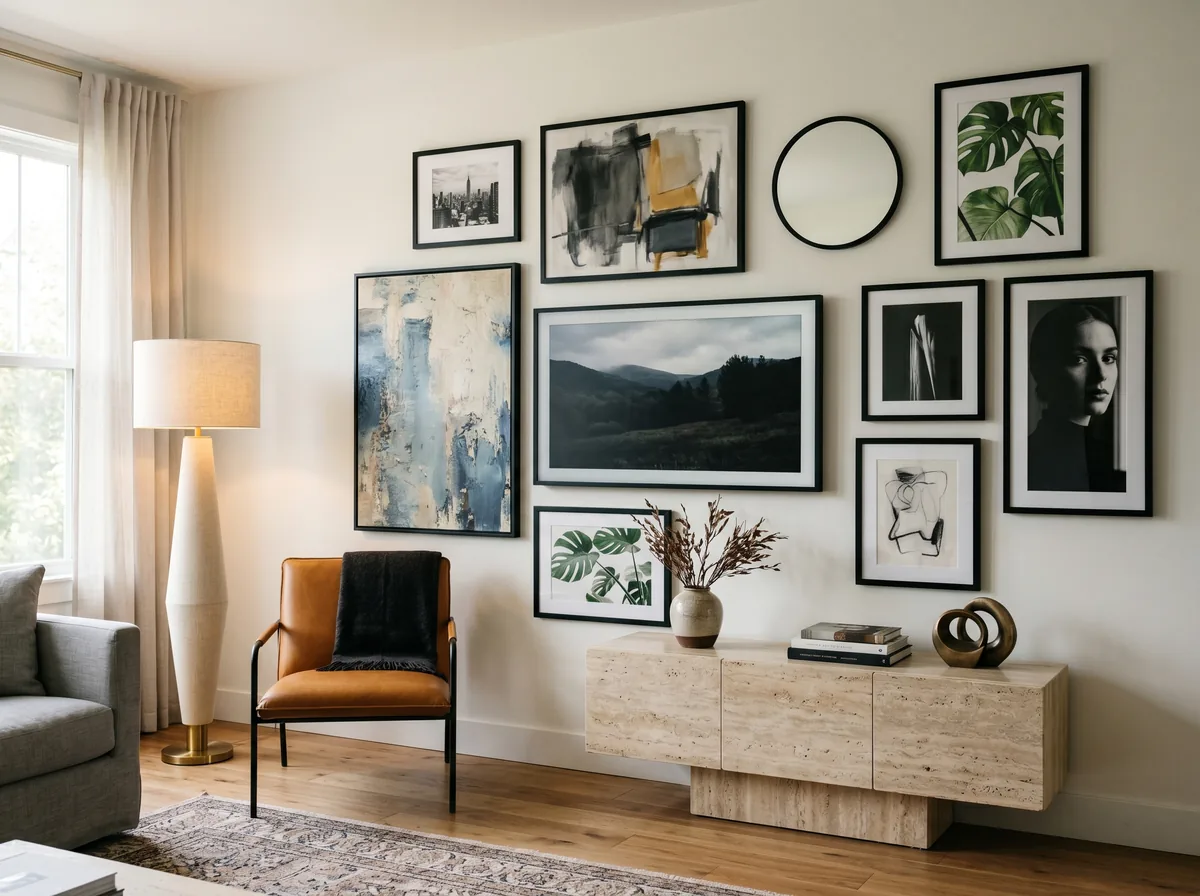 Gallery wall salon arrangement with a TV blended into mixed art and frames above a travertine credenza
