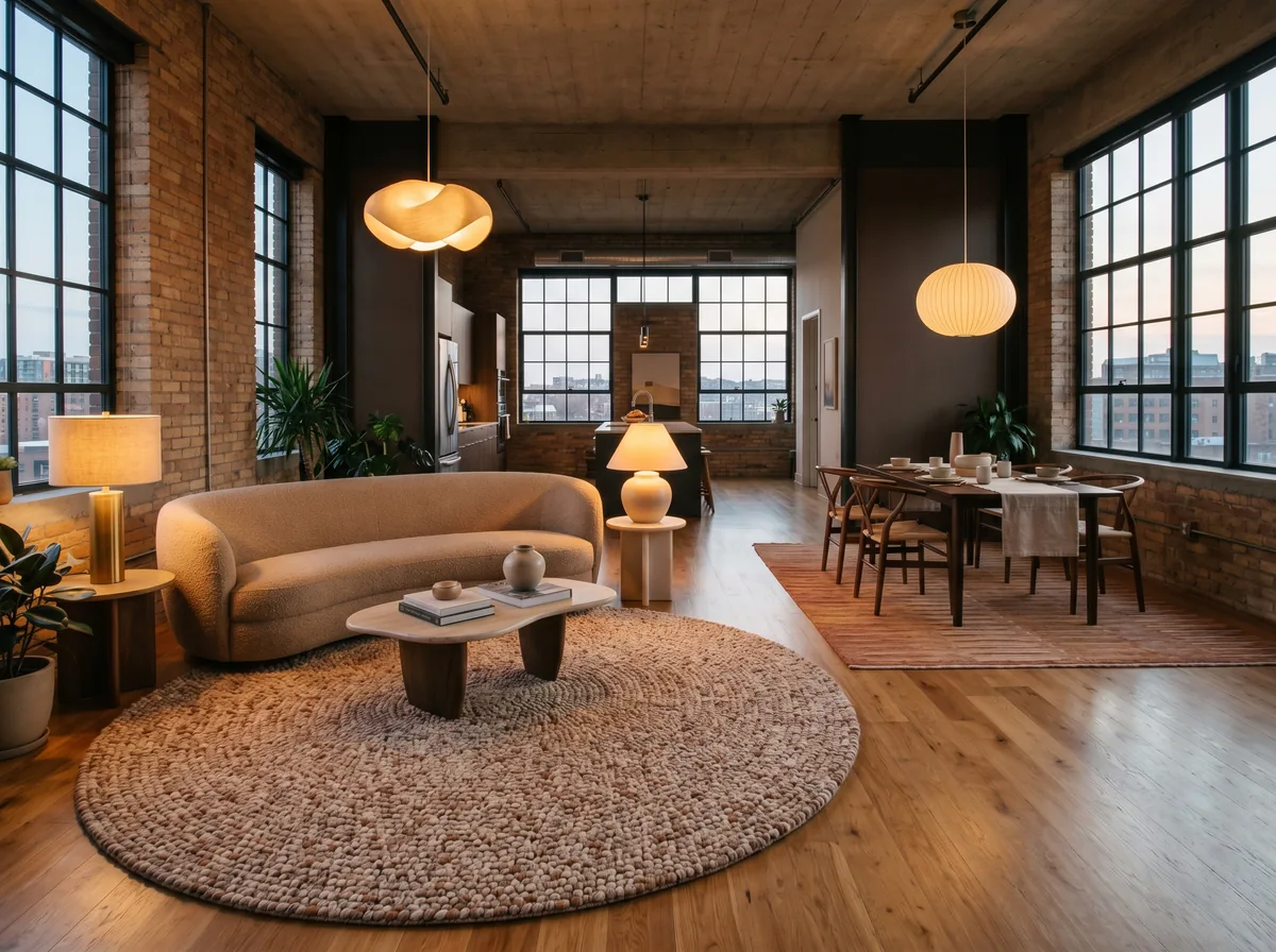 Two area rugs in an open concept loft creating distinct living and dining zones with consistent warm palette