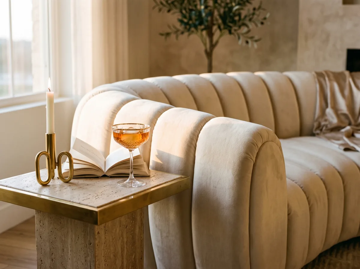 Curved cream velvet sofa with channel tufting and a brass and travertine side table styled with a crystal glass and brass candle holder