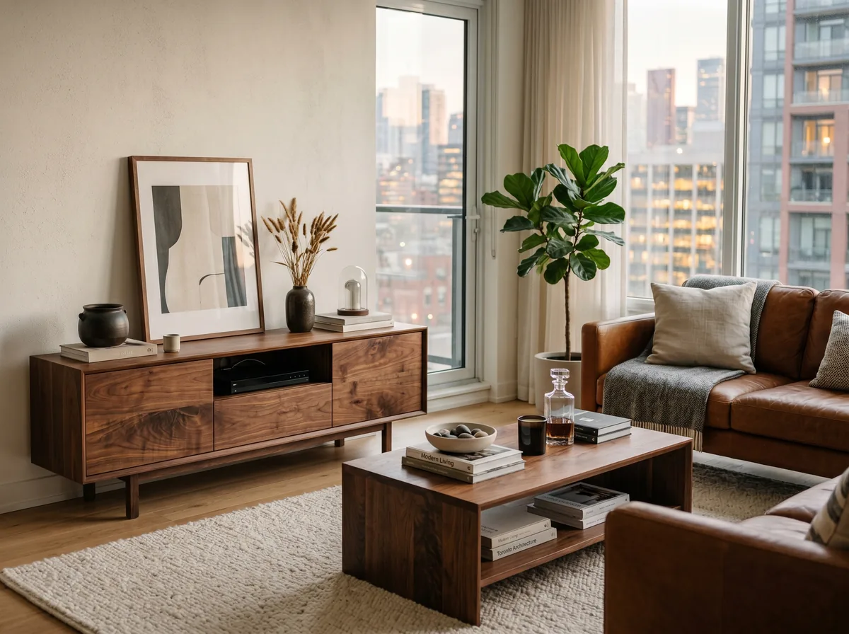 A modern living room with matching matte walnut coffee table and media console showing rich grain figure
