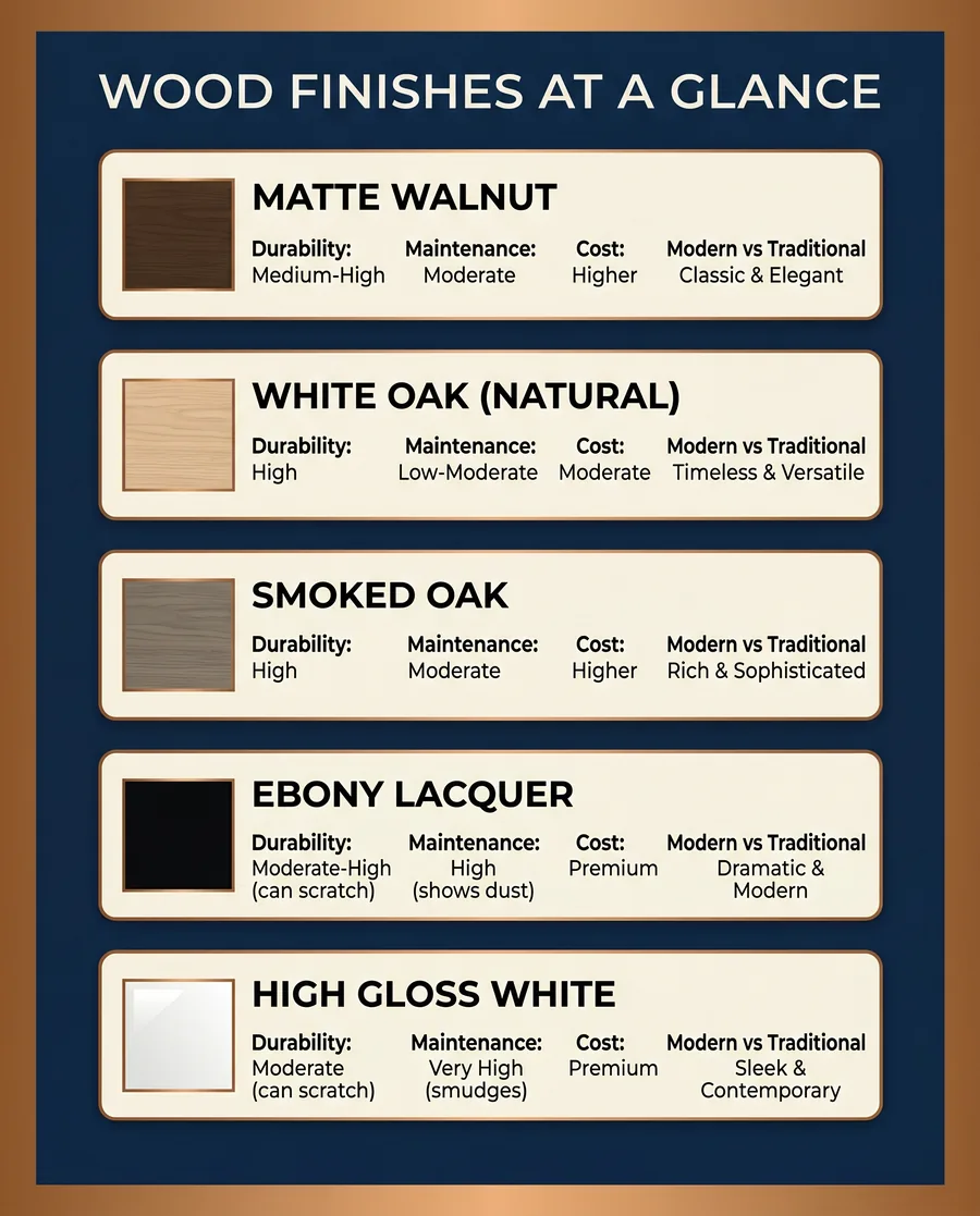 Wood furniture finishes comparison infographic with durability, maintenance, cost, and style ratings for walnut, oak, smoked oak, ebony, and high gloss white