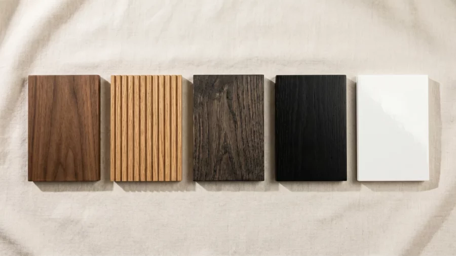 Five wood finish samples on modern furniture in matte walnut, fluted oak, smoked oak, ebony, and high gloss white