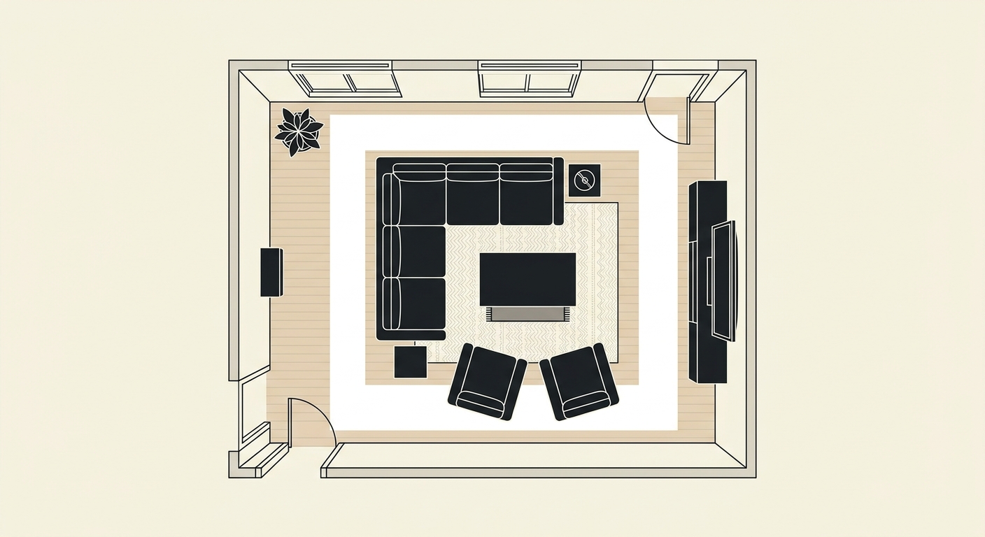 Living room floor plan with sofa placement and traffic flow paths