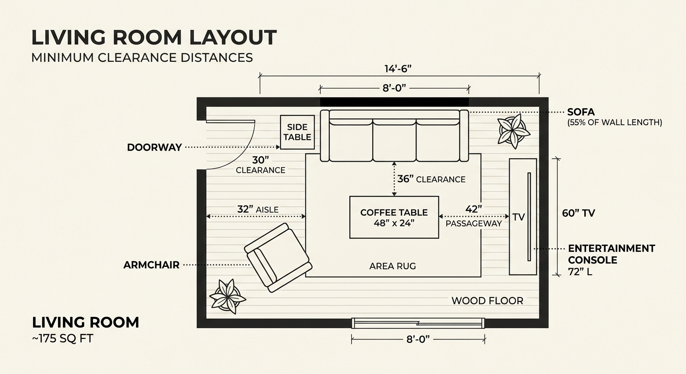 Sofa sizing guide infographic with clearances and room measurements